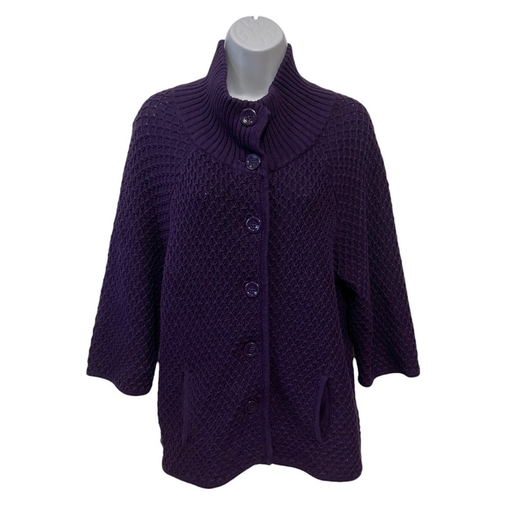 Talbots Womens‎ Knit Cardigan Sweater Purple Button Front Mock Neck 3/4 Sleeve